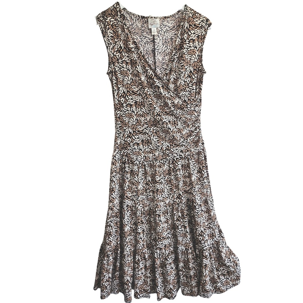 Suzi Chin Maggy Boutique Dress 10 Brown Tan Brushstroke Faux Wrap Tiered Ruffle